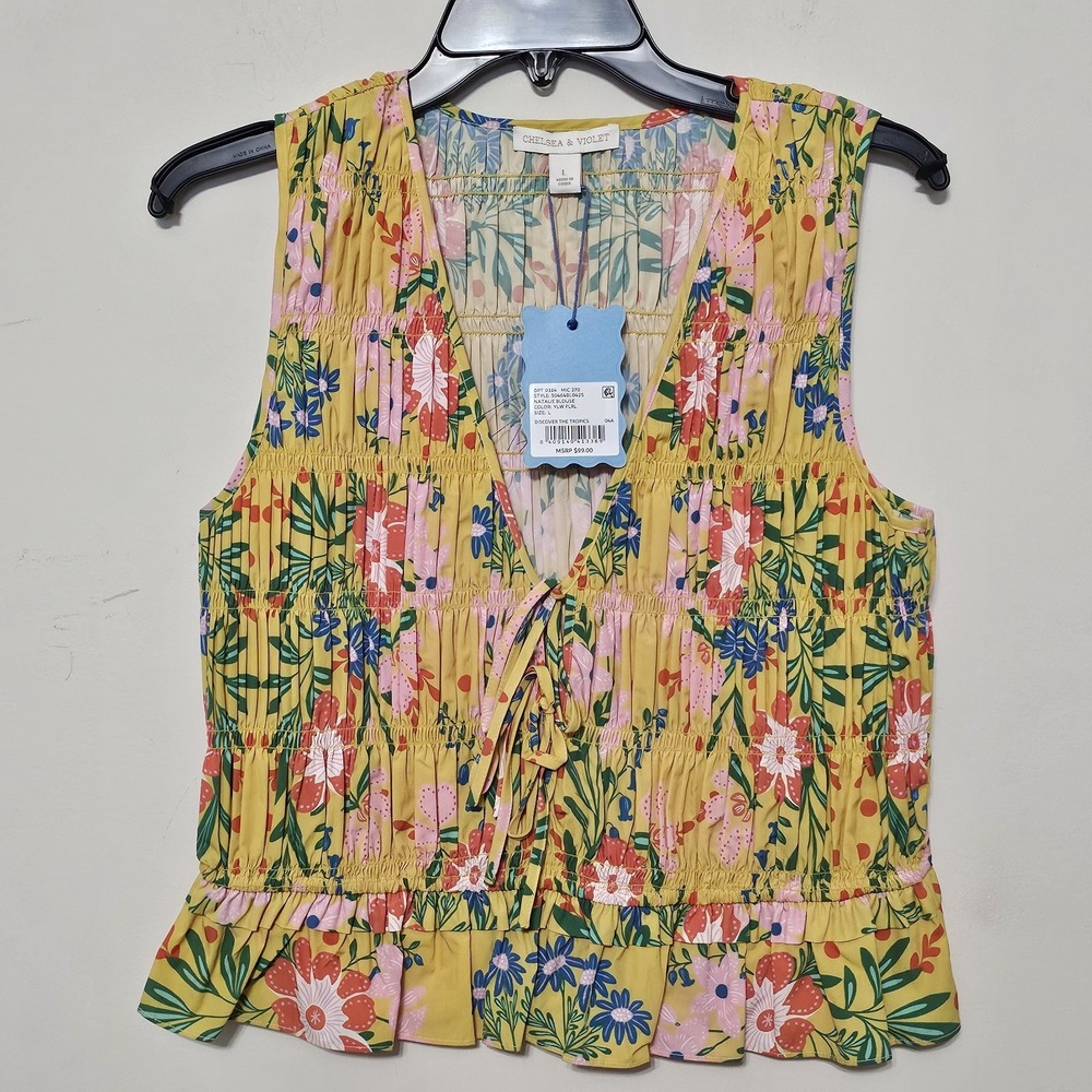 Chelsea & Violet Women Top Size Large Fit 12 Yellow Multicolor V-neck Floral New